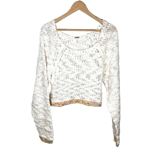 Free People Ivory West Palm Pullover Sweater with Colorful Trim Size XS - Picture 8 of 11